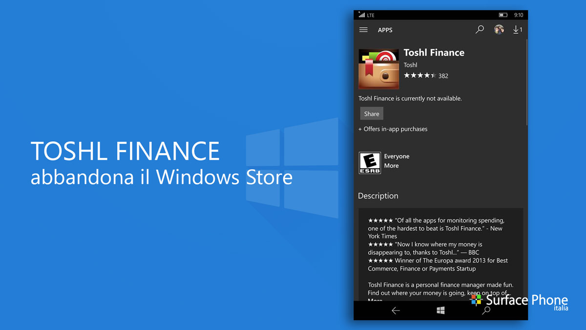 Toshl Finance abbandona Windows Mobile!